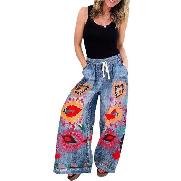Loose Fit Wide-Leg Pants with Boho Denim & Floral Print – L, XL, 2XL - Picture 1 of 3